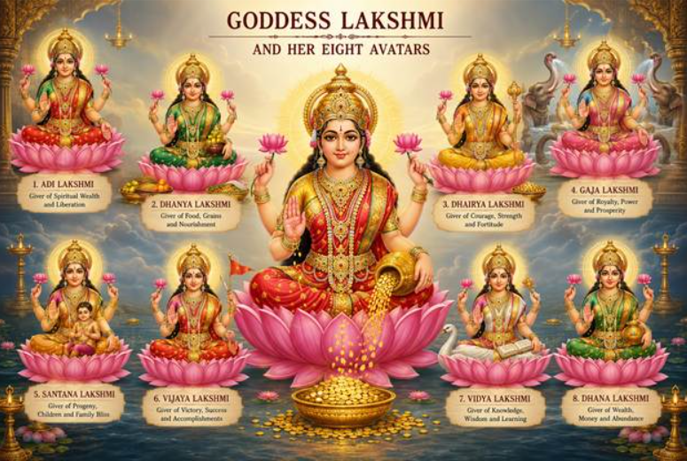 अष्टलक्ष्मी: माता लक्ष्मी के 8 दिव्य स्वरूप, महत्व, पूजा और लाभ
